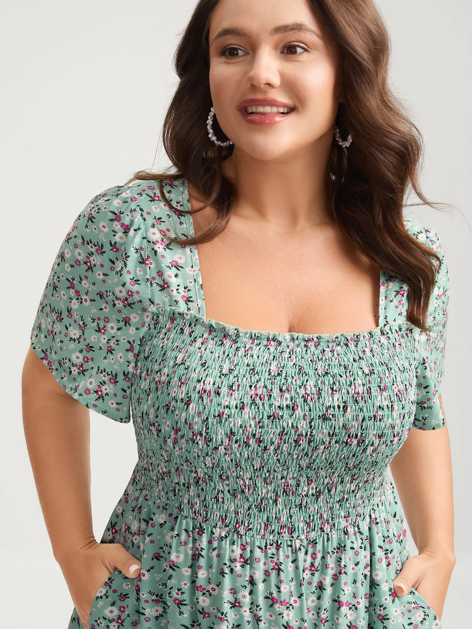 Rayon Ditsy Floral Print Shirred Midi Dress sold by Bloomchic product image thumbnail 2