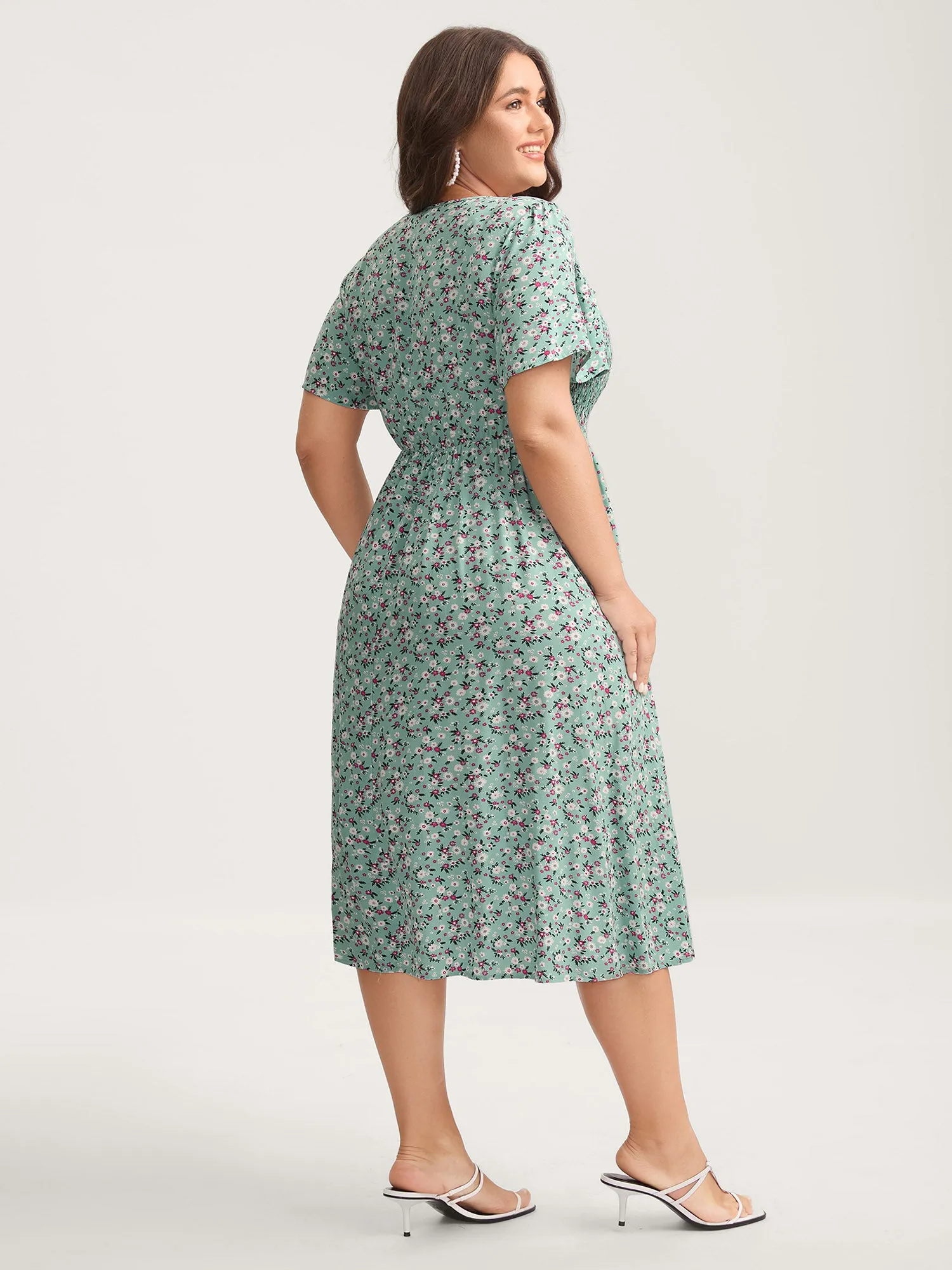 Rayon Ditsy Floral Print Shirred Midi Dress sold by Bloomchic product image thumbnail 4