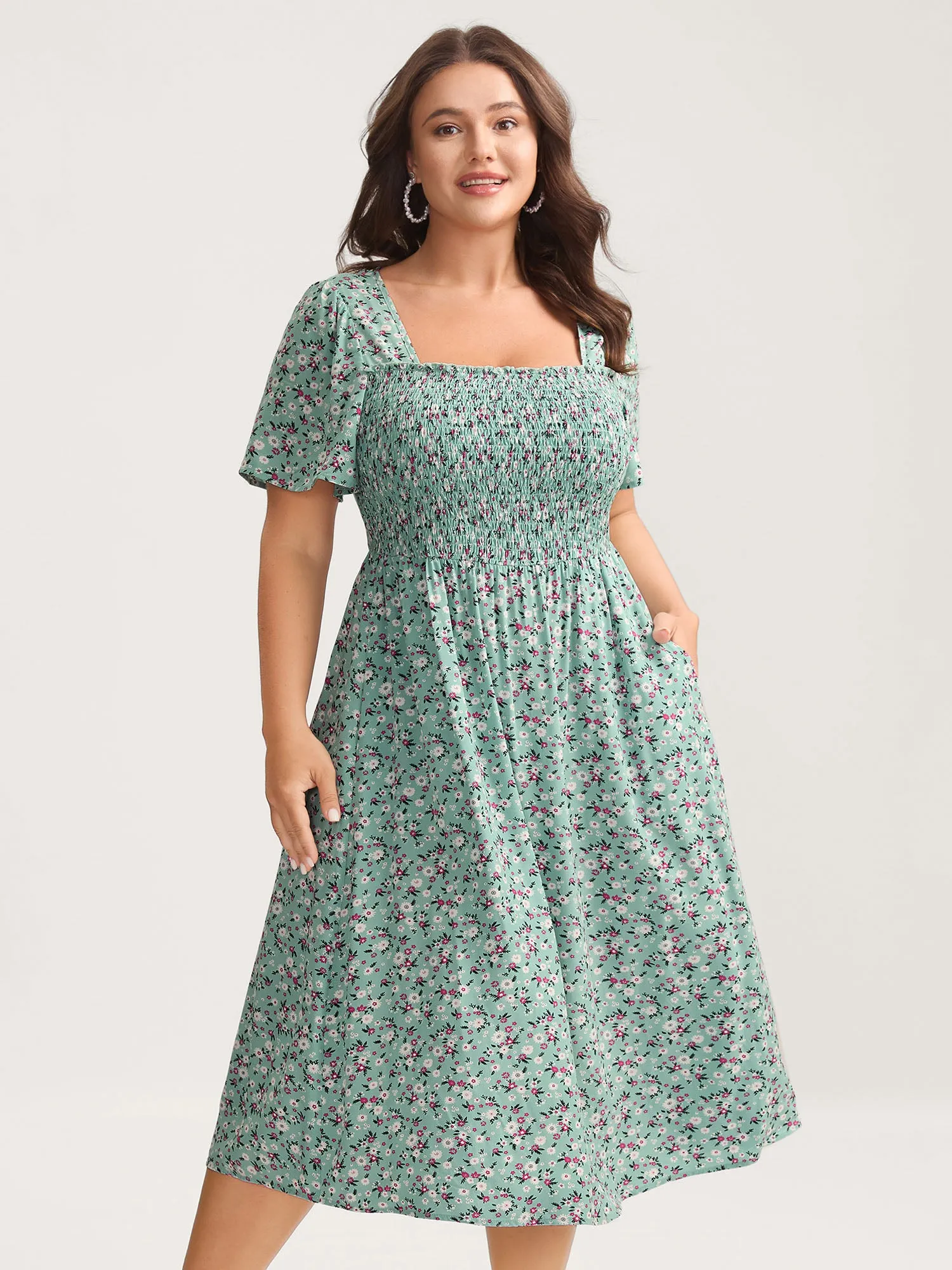 Rayon Ditsy Floral Print Shirred Midi Dress sold by Bloomchic