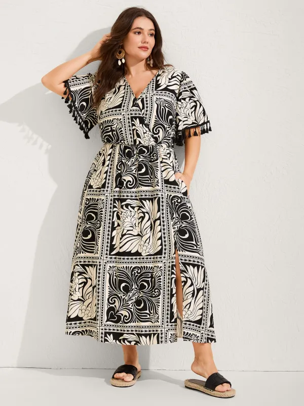 Monochrome Collage Print Tassels Midi Dress sold by Bloomchic