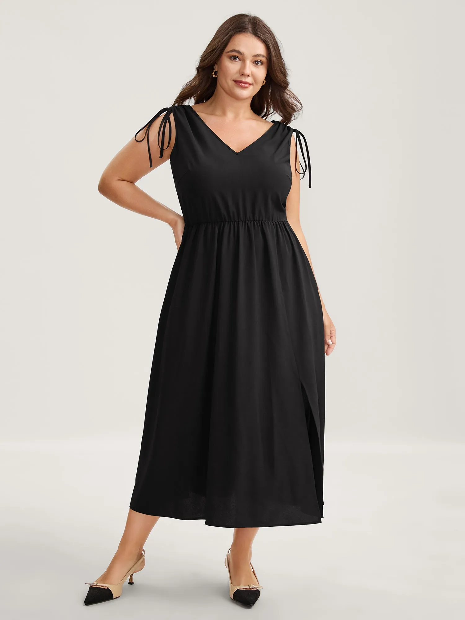 Shoulder Drawstring Slit Solid Midi Dress sold by Bloomchic product image thumbnail 3