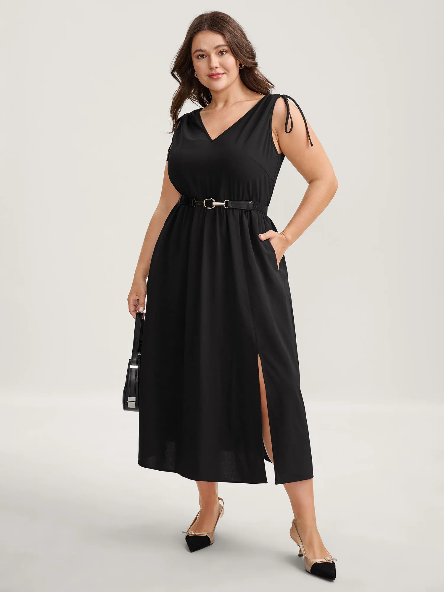 Shoulder Drawstring Slit Solid Midi Dress sold by Bloomchic
