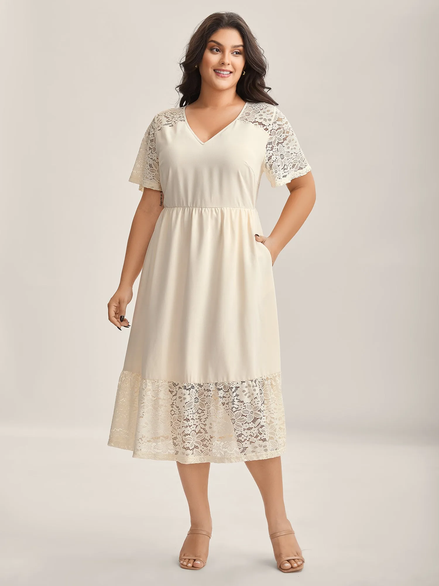 Sheer Lace Pockets Solid Midi Dress sold by Bloomchic product image thumbnail 3