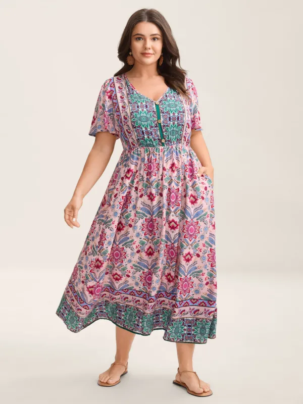 Rayon Floral Print A-Line Buttons Midi Dress sold by Bloomchic