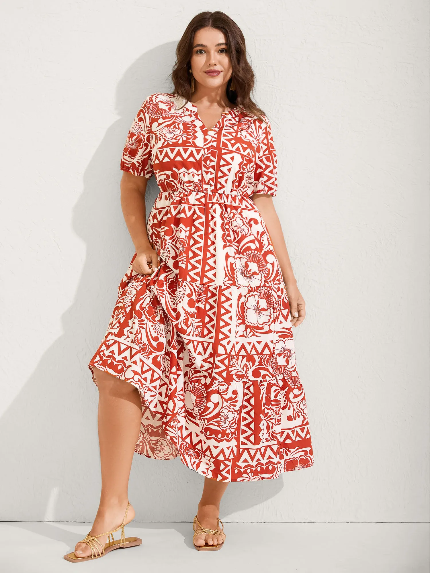 Geometric Print Notched Collar Maxi Dress sold by Bloomchic