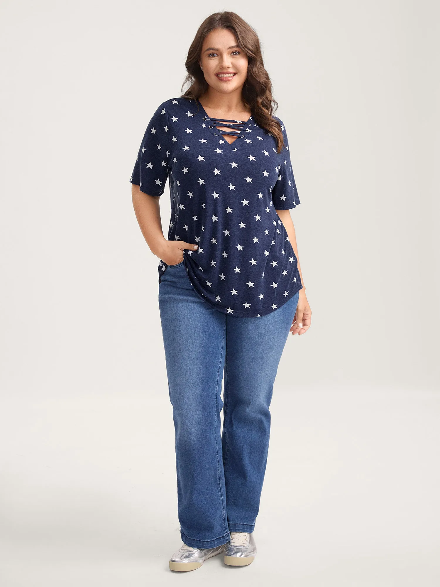 Star Print Crisscross Neck Tie T-Shirt sold by Bloomchic product image thumbnail 3