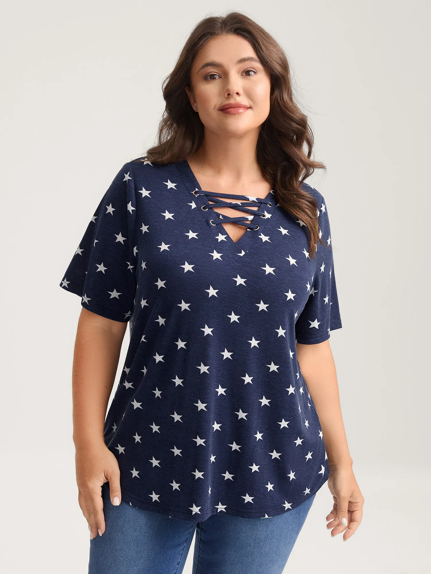 Star Print Crisscross Neck Tie T-Shirt sold by Bloomchic