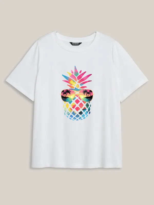Pineapple Vibes Print Round Neck T-Shirt sold by Bloomchic
