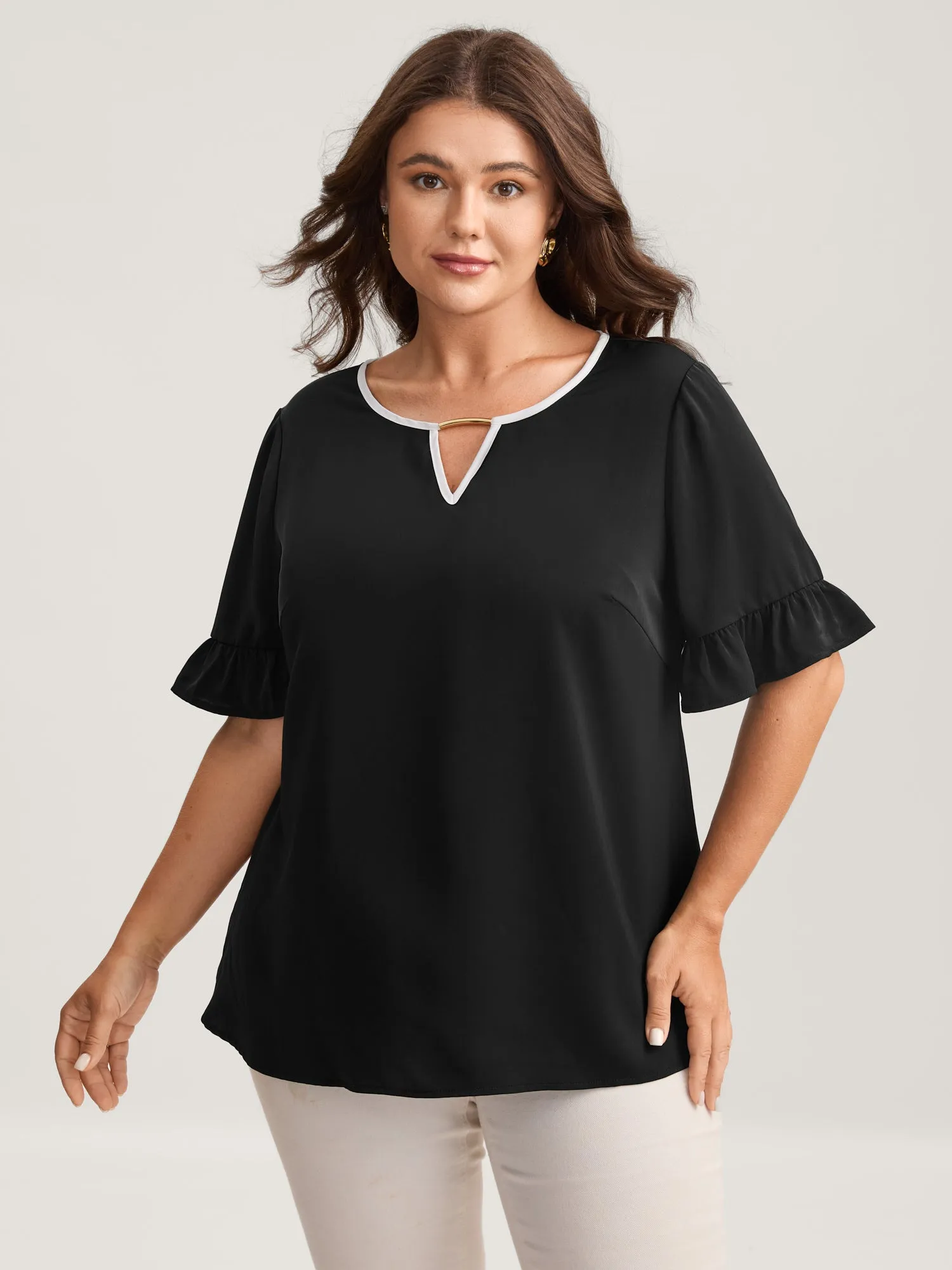 Metallic Detail Neck Cut-Out Blouse sold by Bloomchic