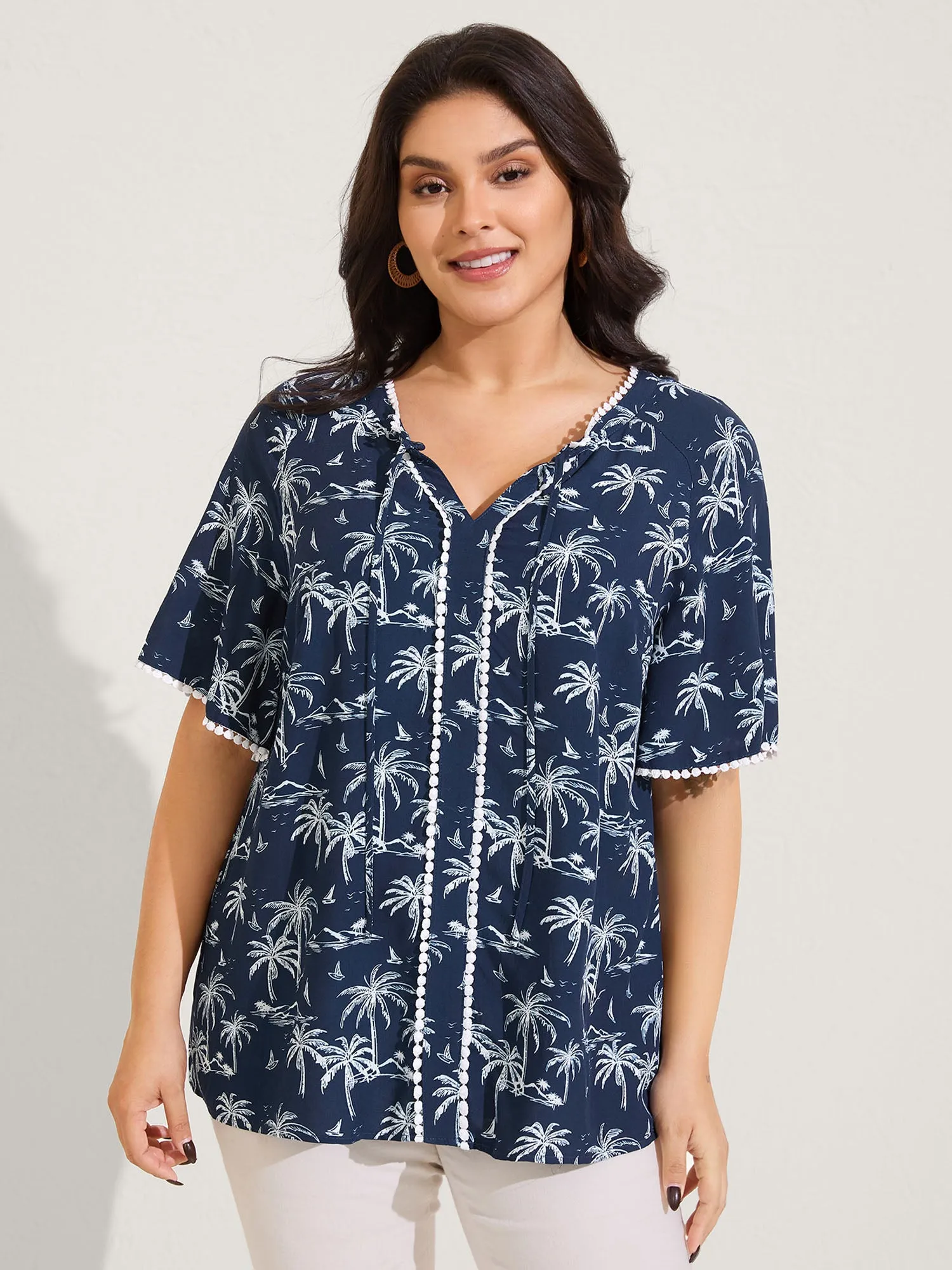 Tropical Print Lace Trim Flowy Blouse sold by Bloomchic