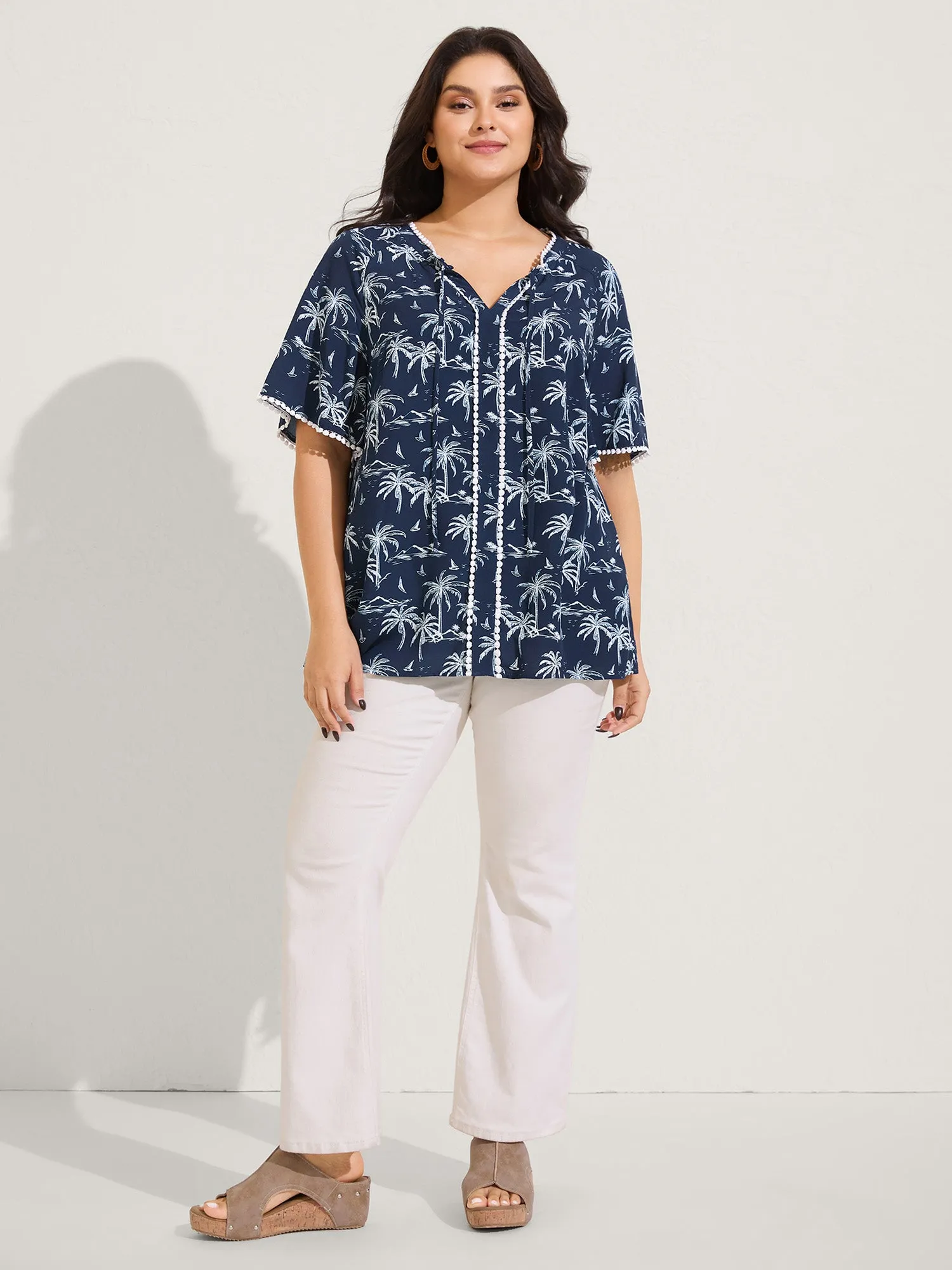 Tropical Print Lace Trim Flowy Blouse sold by Bloomchic product image thumbnail 3
