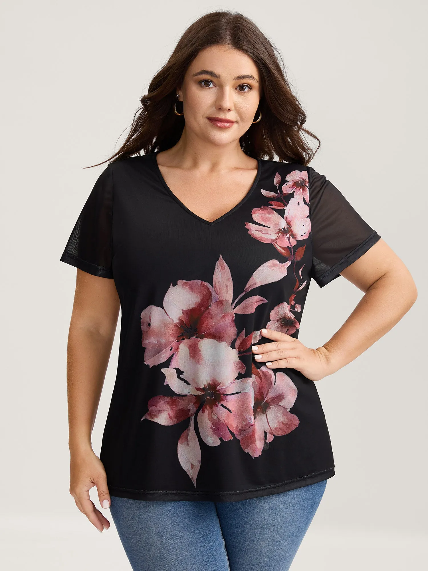 Romantic Floral Motif Sheer Knit T-Shirt sold by Bloomchic