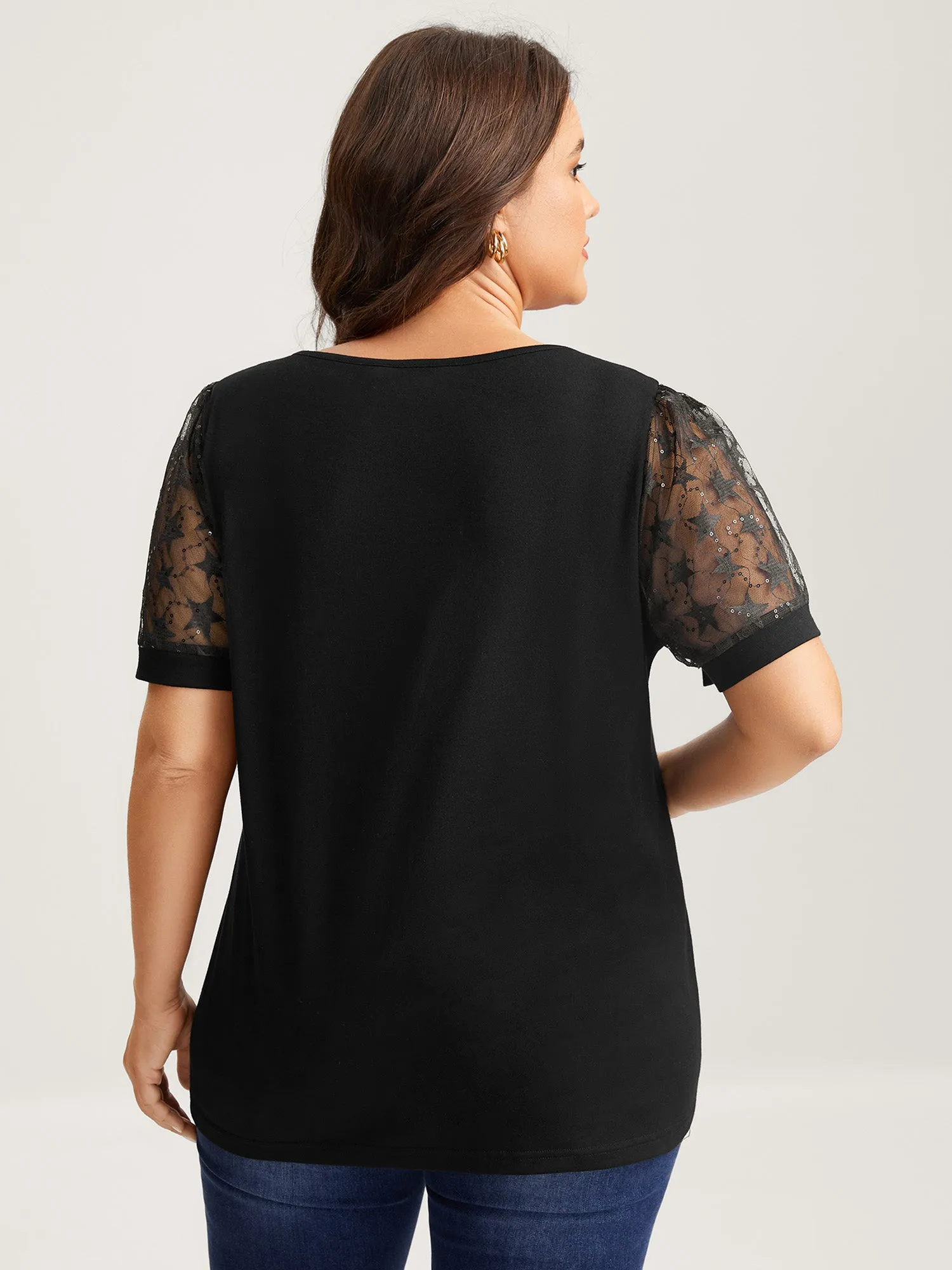 Beaded Mesh Sheer Patchwork T-Shirt sold by Bloomchic product image thumbnail 4