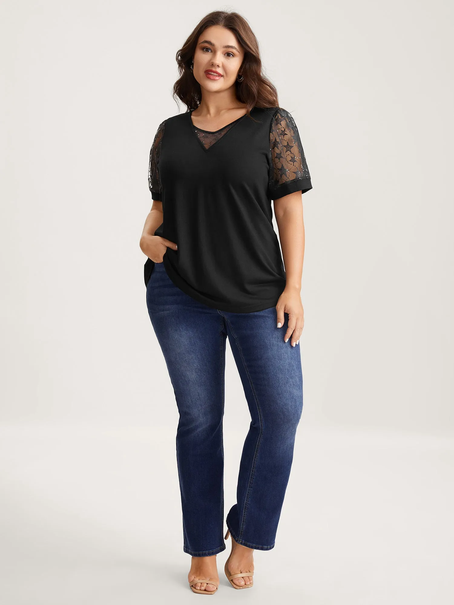 Beaded Mesh Sheer Patchwork T-Shirt sold by Bloomchic product image thumbnail 3