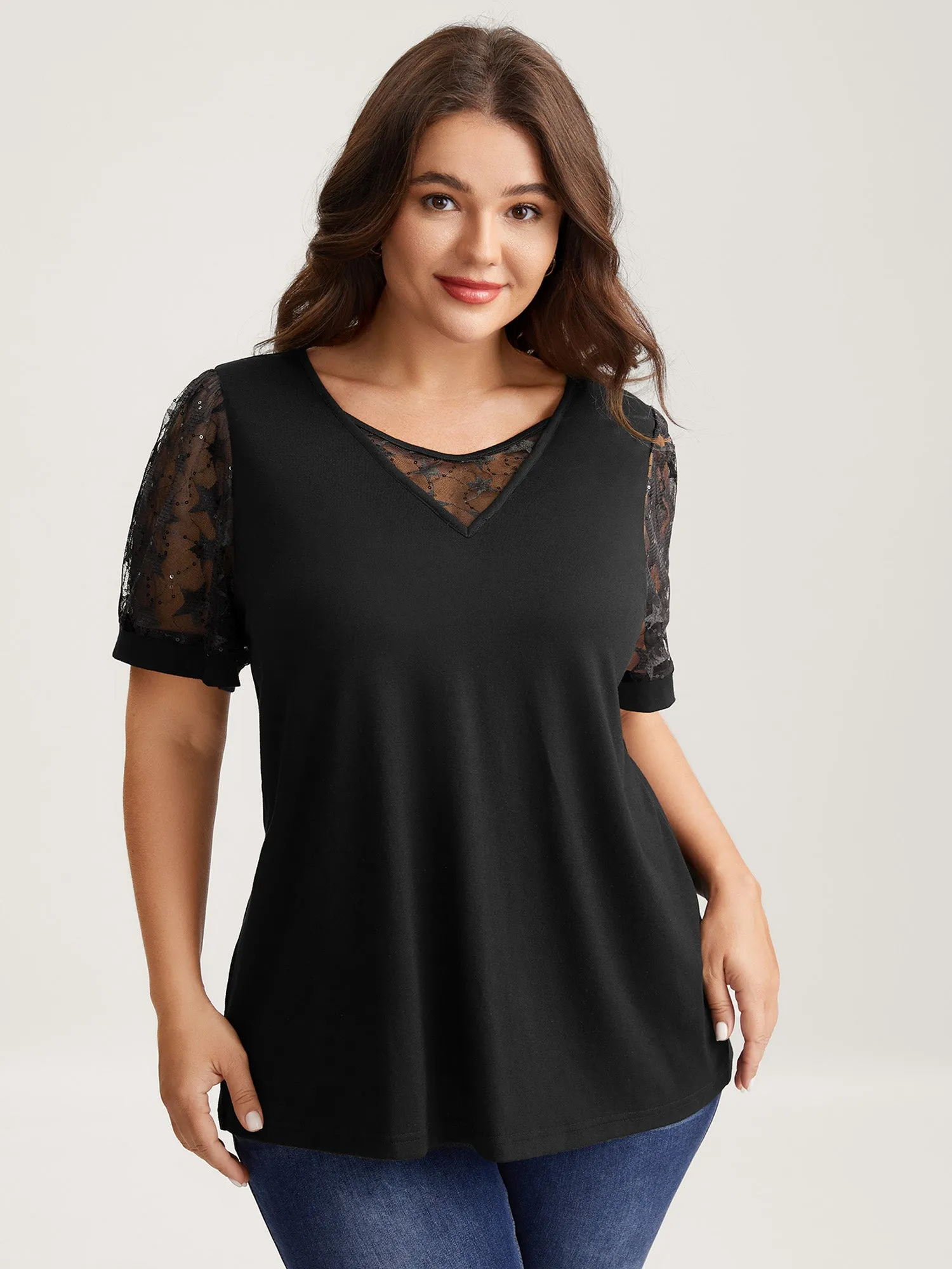 Beaded Mesh Sheer Patchwork T-Shirt sold by Bloomchic