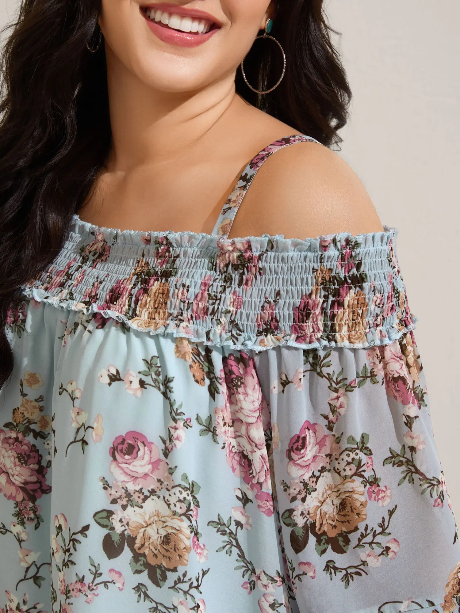 Shirred Off-Shoulder Chiffon Floral Blouse sold by Bloomchic product image thumbnail 2