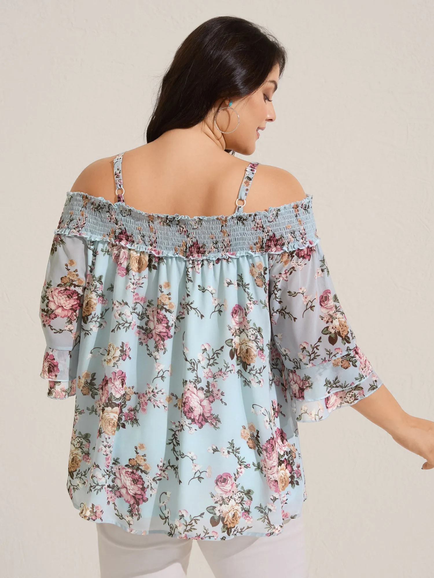 Shirred Off-Shoulder Chiffon Floral Blouse sold by Bloomchic product image thumbnail 5
