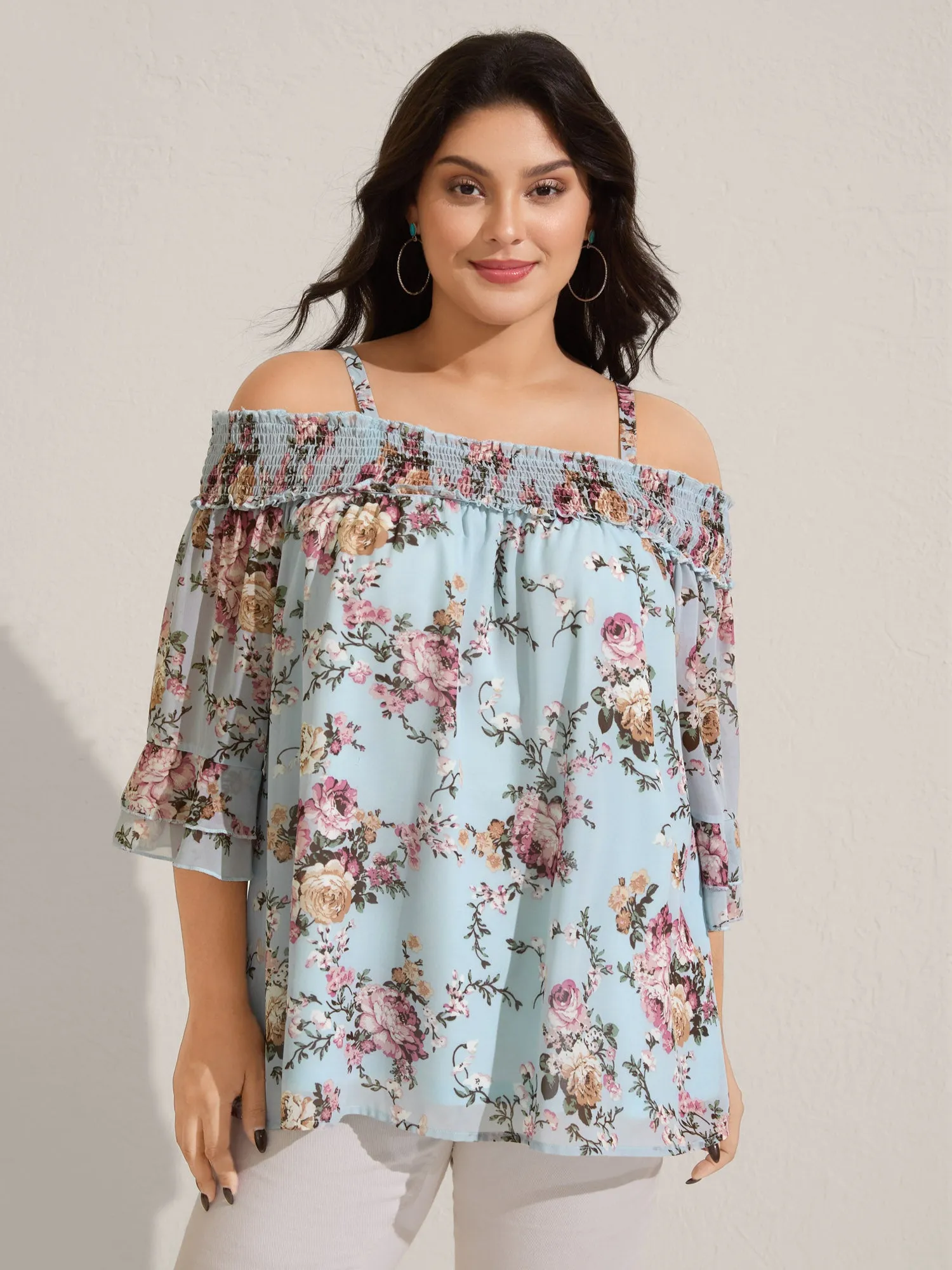 Shirred Off-Shoulder Chiffon Floral Blouse sold by Bloomchic product image thumbnail 3