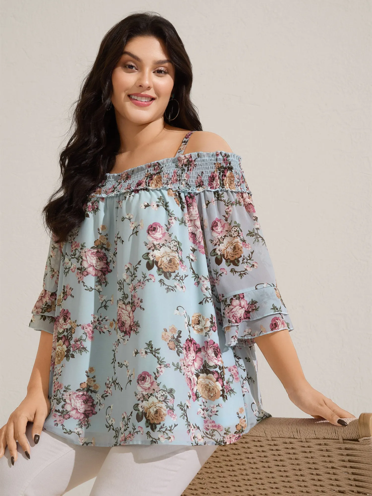 Shirred Off-Shoulder Chiffon Floral Blouse sold by Bloomchic