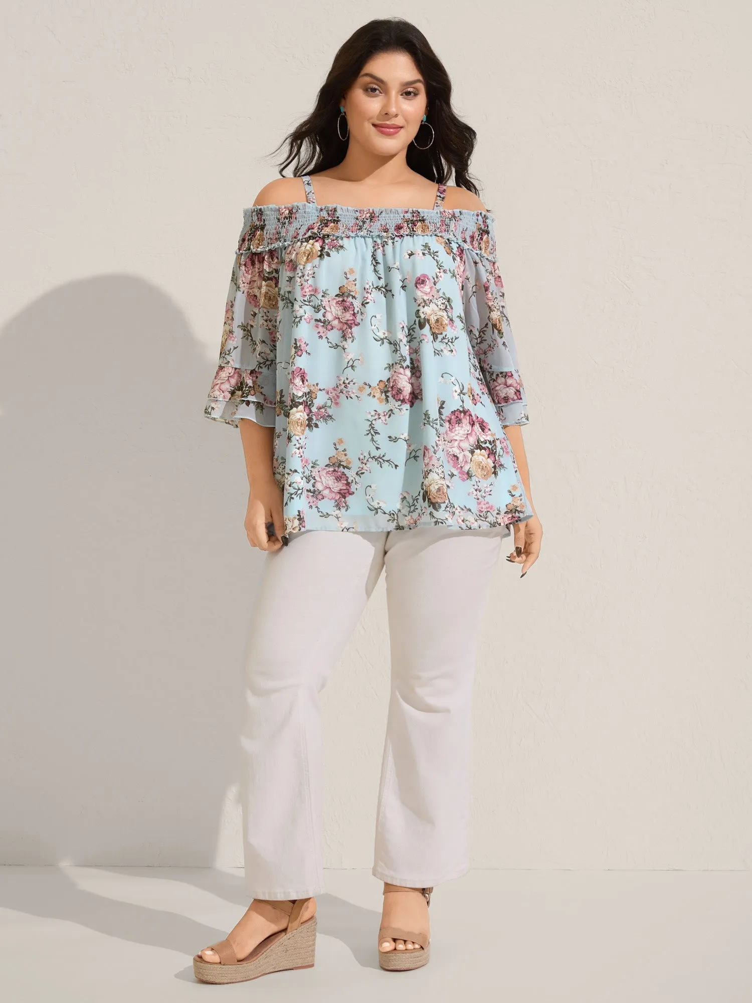 Shirred Off-Shoulder Chiffon Floral Blouse sold by Bloomchic product image thumbnail 4