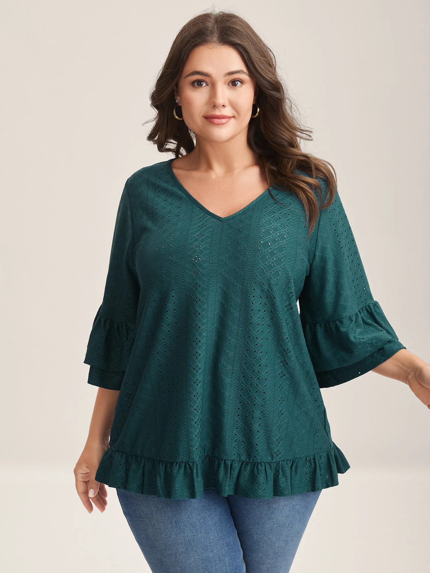 Eyelet Trim Seven-Quarter Sleeve Top sold by Bloomchic