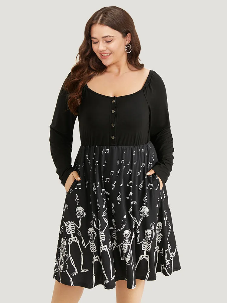 Halloween Skull Print Pocket Button Up Square Neck Dress sold by Bloomchic product image thumbnail 3