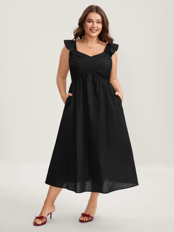 Cotton Pleated Overlap Pockets Midi Dress sold by Bloomchic