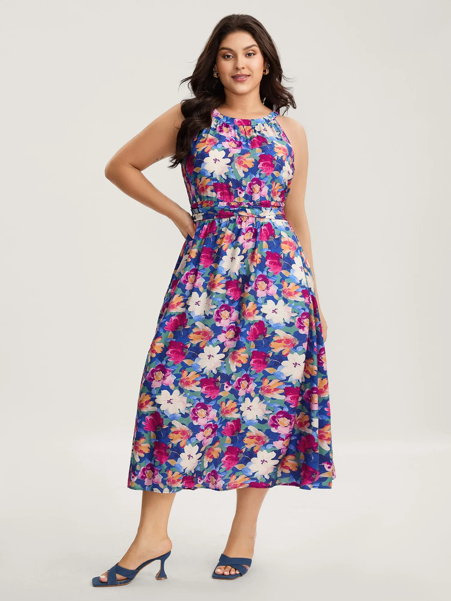 Color Block Floral Shirred Waist Midi Dress sold by Bloomchic product image thumbnail 3