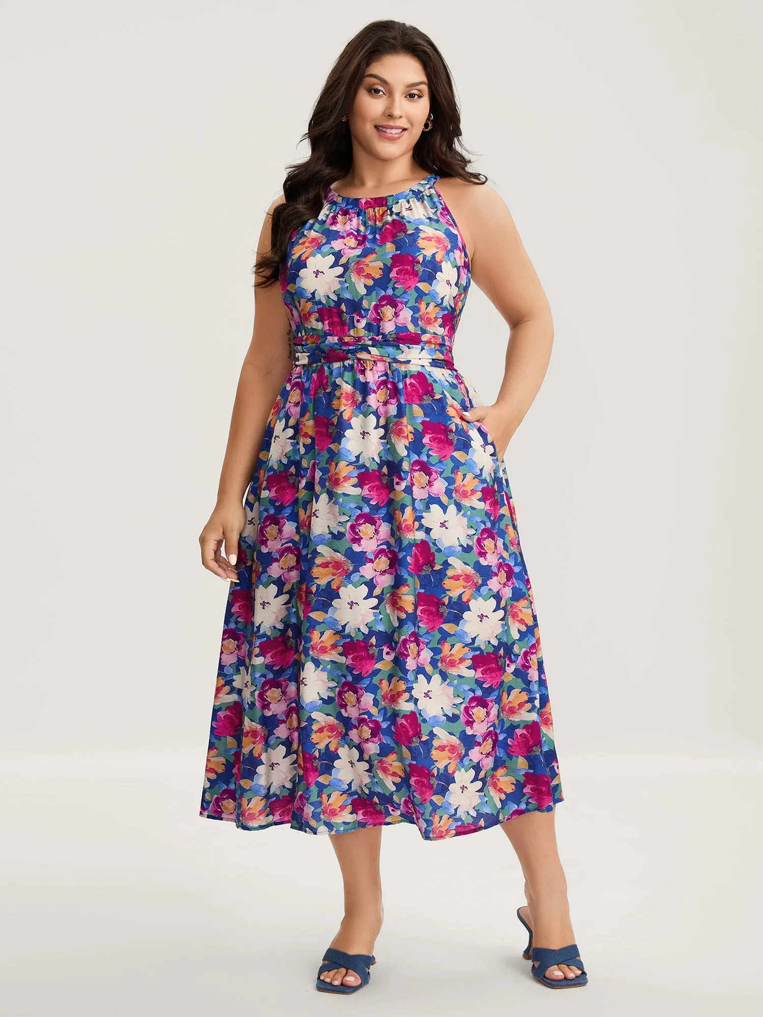 Color Block Floral Shirred Waist Midi Dress sold by Bloomchic