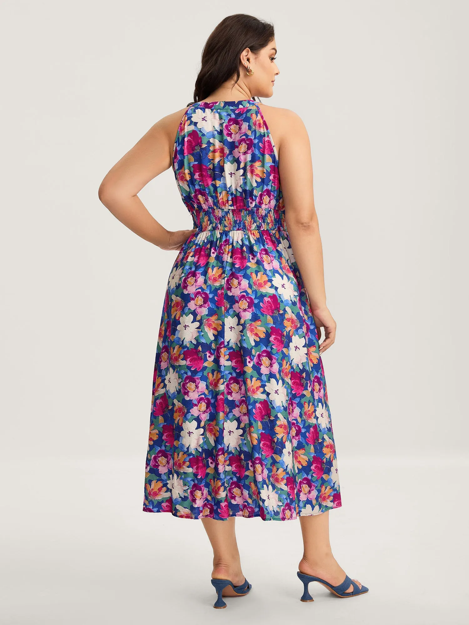 Color Block Floral Shirred Waist Midi Dress sold by Bloomchic product image thumbnail 4