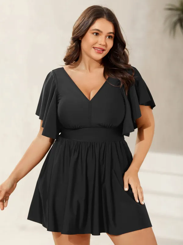 Ruffled Sleeve Fit and Flare Swim Dress sold by Bloomchic