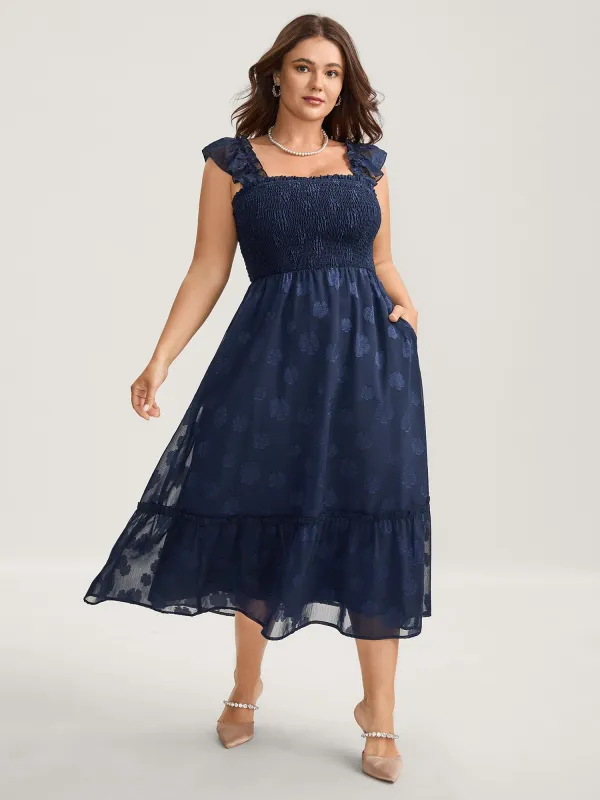Jacquard Shirred Bodice Ruffled Midi Dress sold by Bloomchic