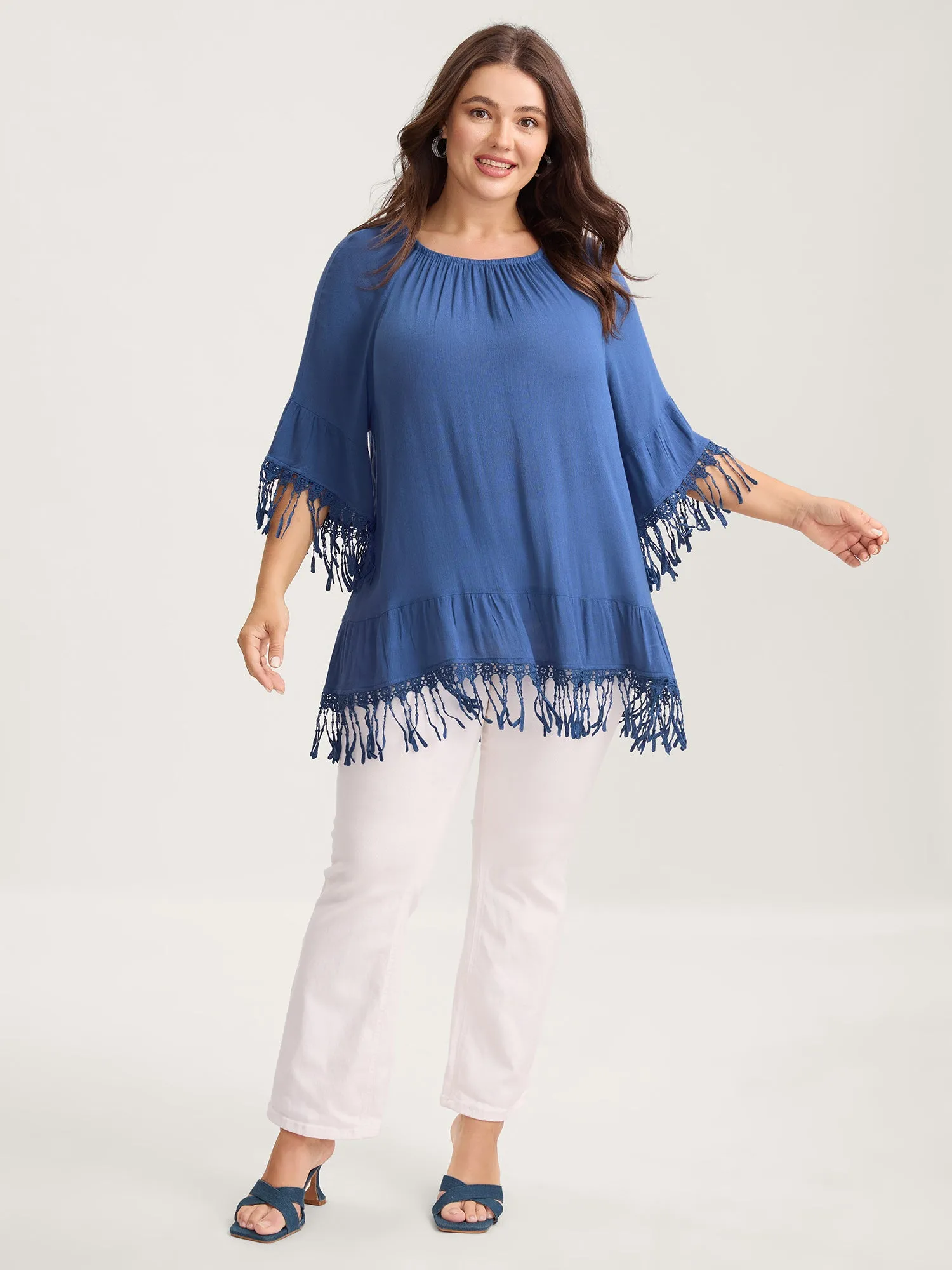 Rayon Lace Trim Solid Relaxed Blouse sold by Bloomchic product image thumbnail 2