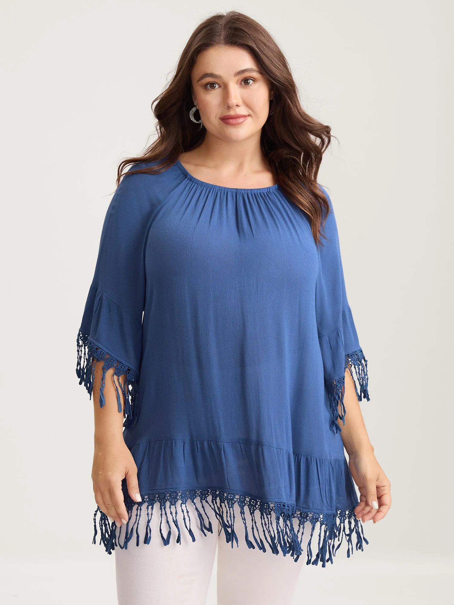 Rayon Lace Trim Solid Relaxed Blouse sold by Bloomchic