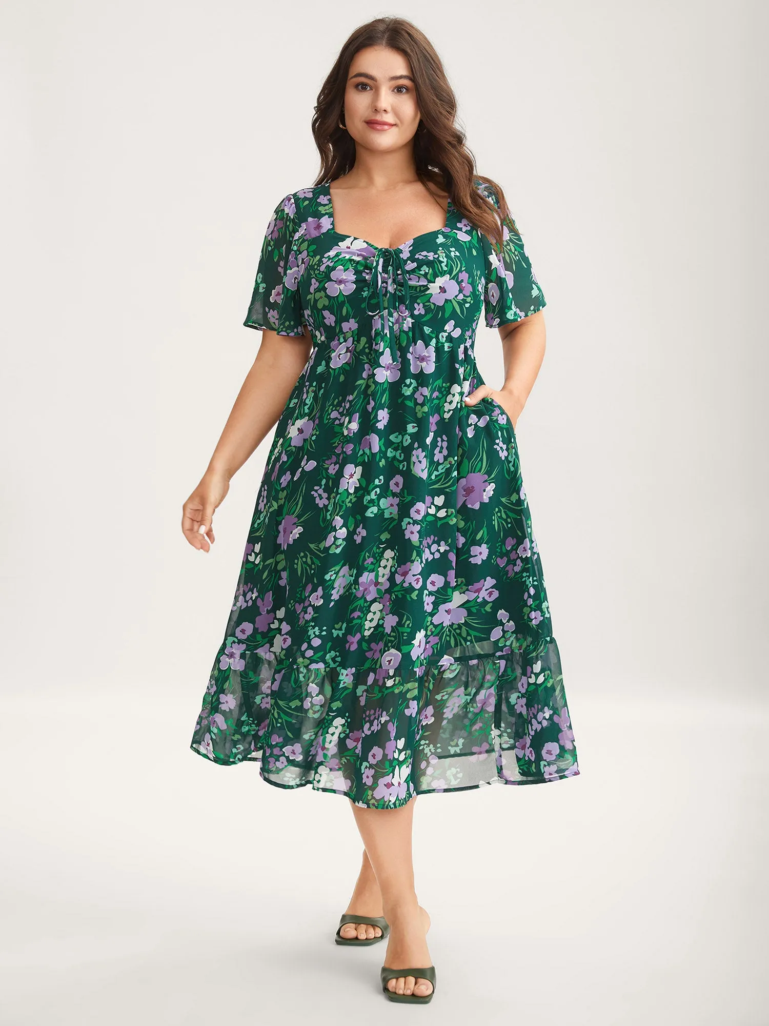 Floral Chiffon Ruched Drawstring Midi Dress sold by Bloomchic