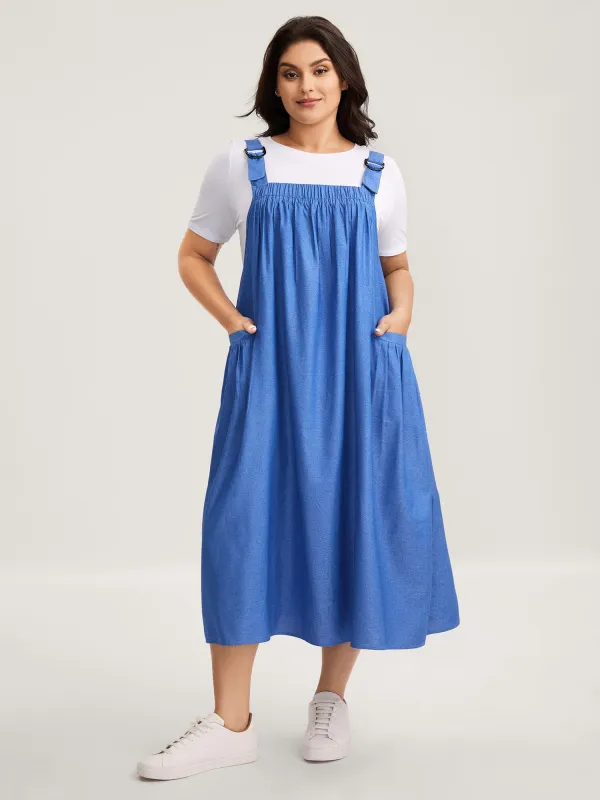 Overall Straps Pleated Pockets Midi Dress sold by Bloomchic