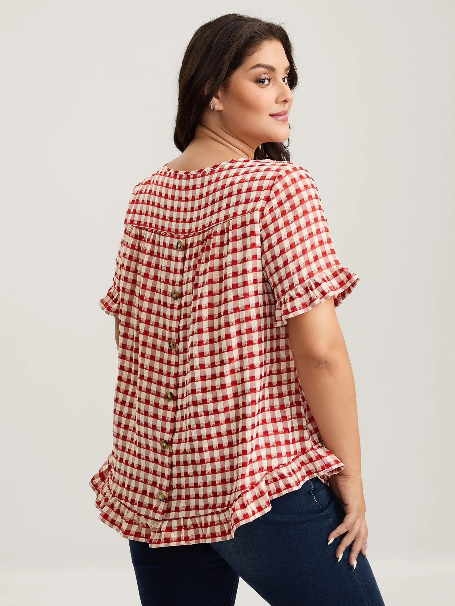Gingham Print Button Back Blouse sold by Bloomchic