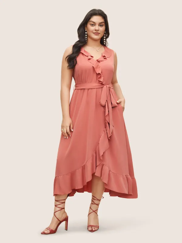 Solid Ruffles Patchwork Arc Hem Belted Dress sold by Bloomchic