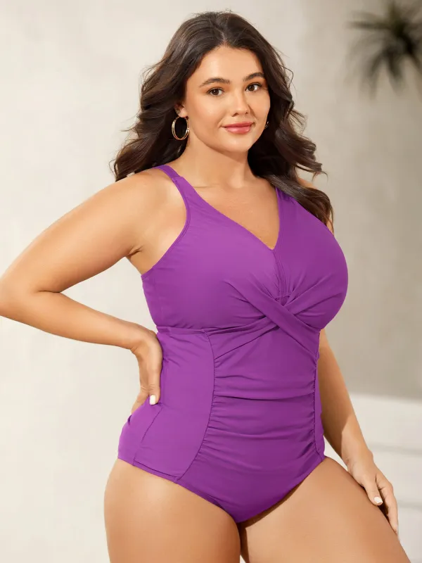 Twist Front Ruched One-Piece Swimsuit sold by Bloomchic
