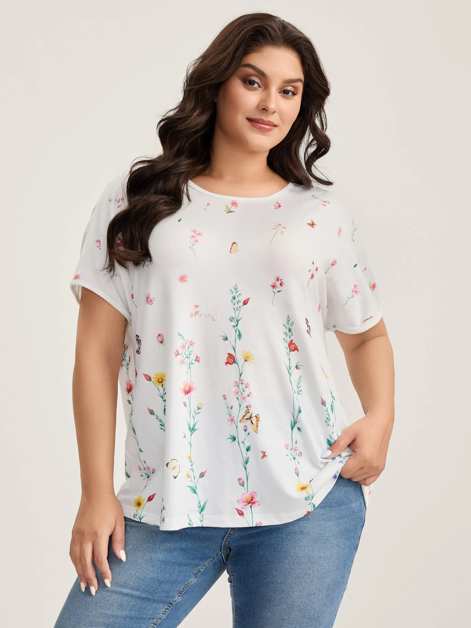 Stretchy Floral Print Round Neck T-Shirt sold by Bloomchic