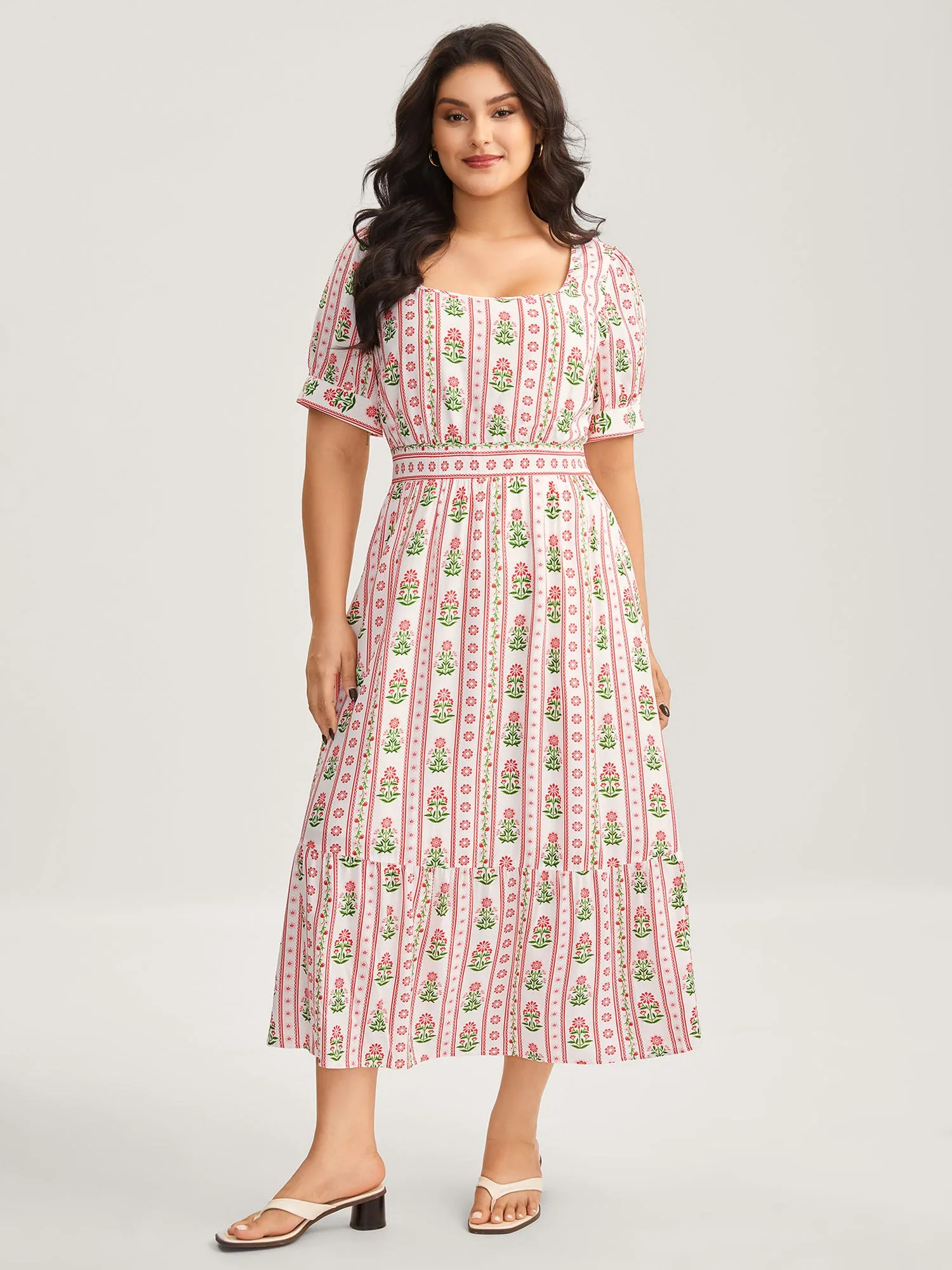 Floral Stripe Shirred Waist Midi Dress sold by Bloomchic product image thumbnail 2