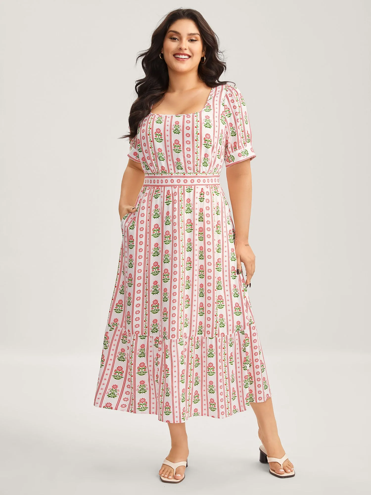 Floral Stripe Shirred Waist Midi Dress sold by Bloomchic product image thumbnail 3
