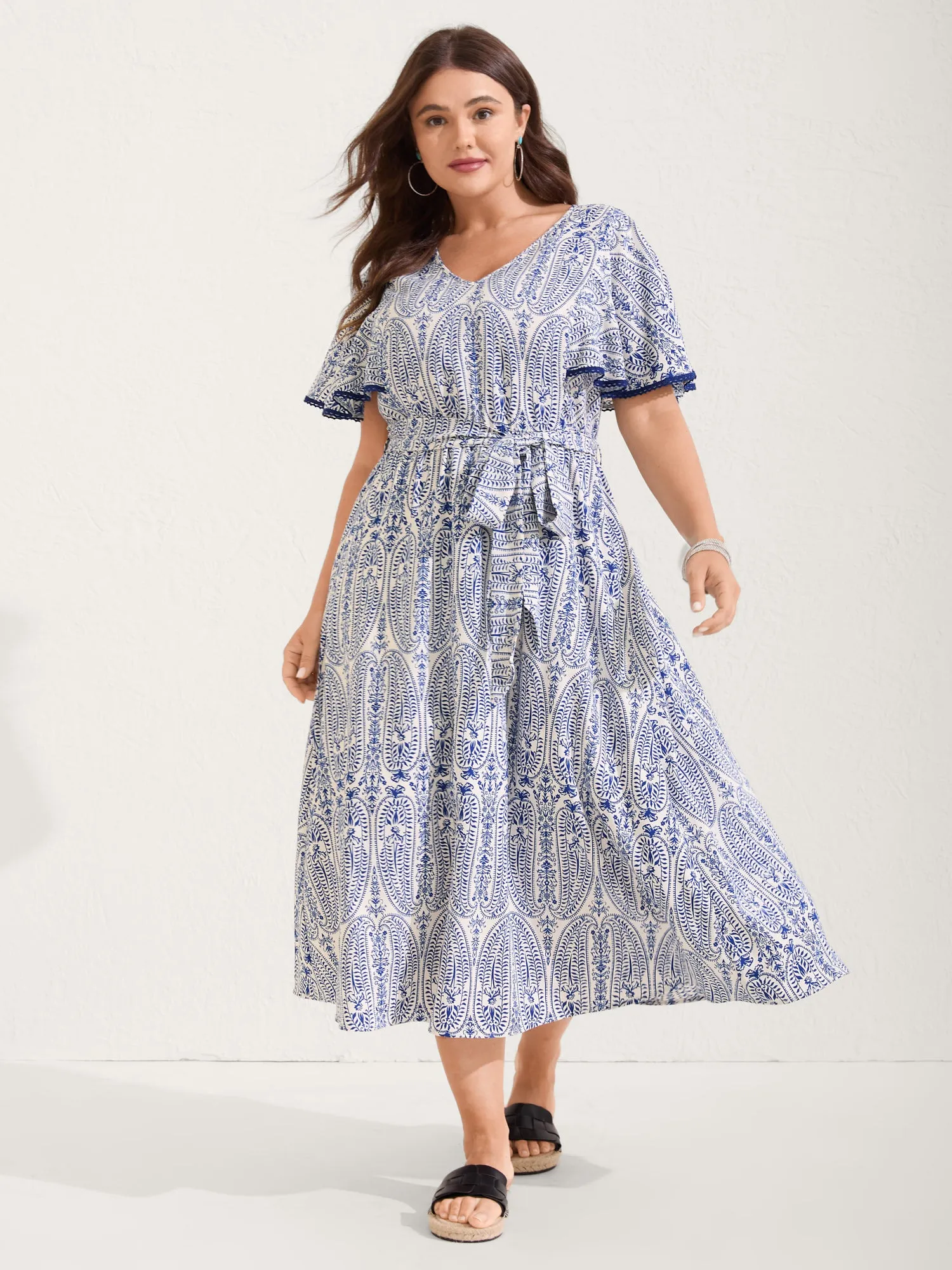 Rayon Paisley Print Cinched-Waist Midi Dress sold by Bloomchic