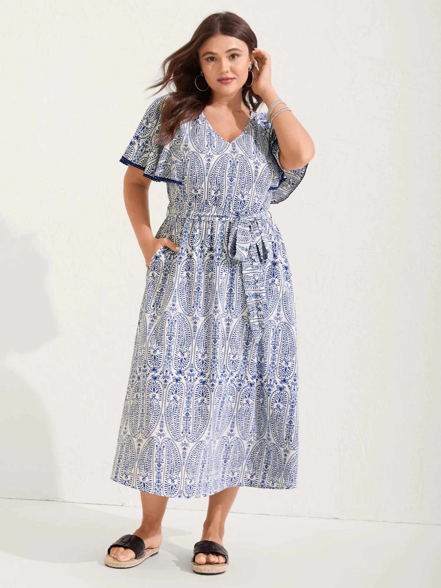 Rayon Paisley Print Cinched-Waist Midi Dress sold by Bloomchic product image thumbnail 3