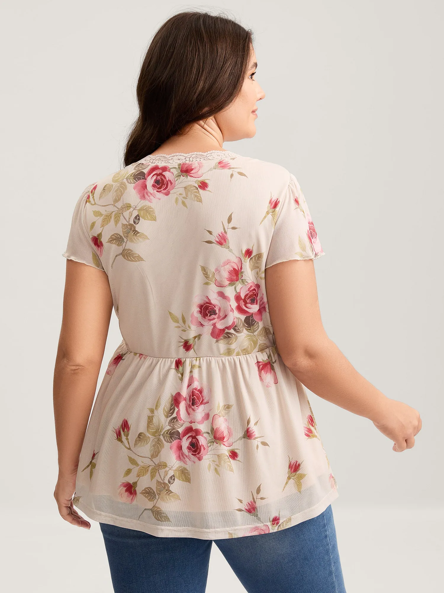 Stretchy Rosy Print Sheer Sleeve Knit Top sold by Bloomchic product image thumbnail 4