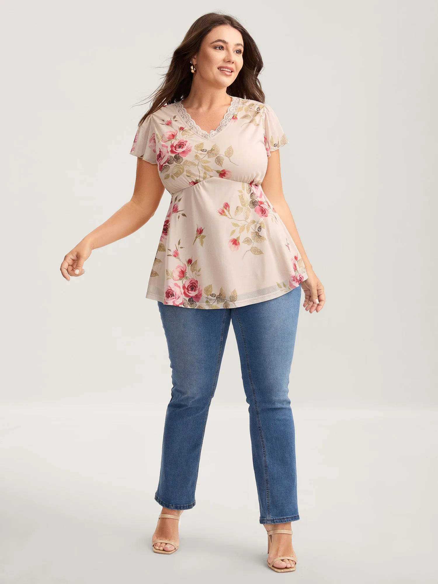 Stretchy Rosy Print Sheer Sleeve Knit Top sold by Bloomchic product image thumbnail 3