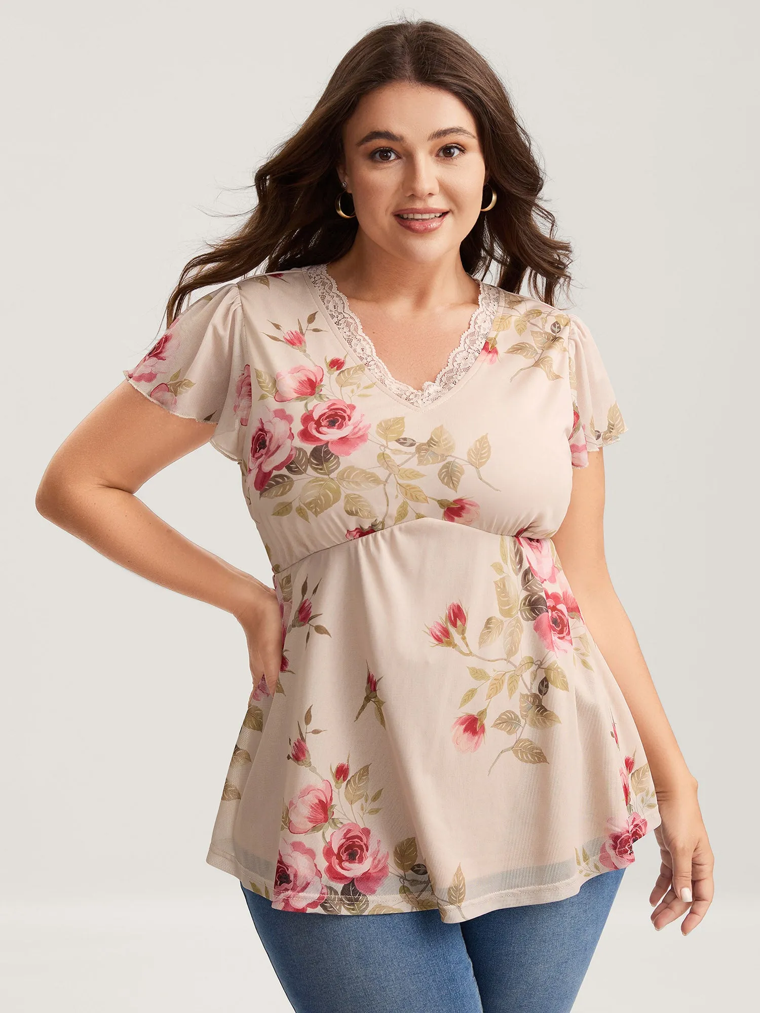 Stretchy Rosy Print Sheer Sleeve Knit Top sold by Bloomchic