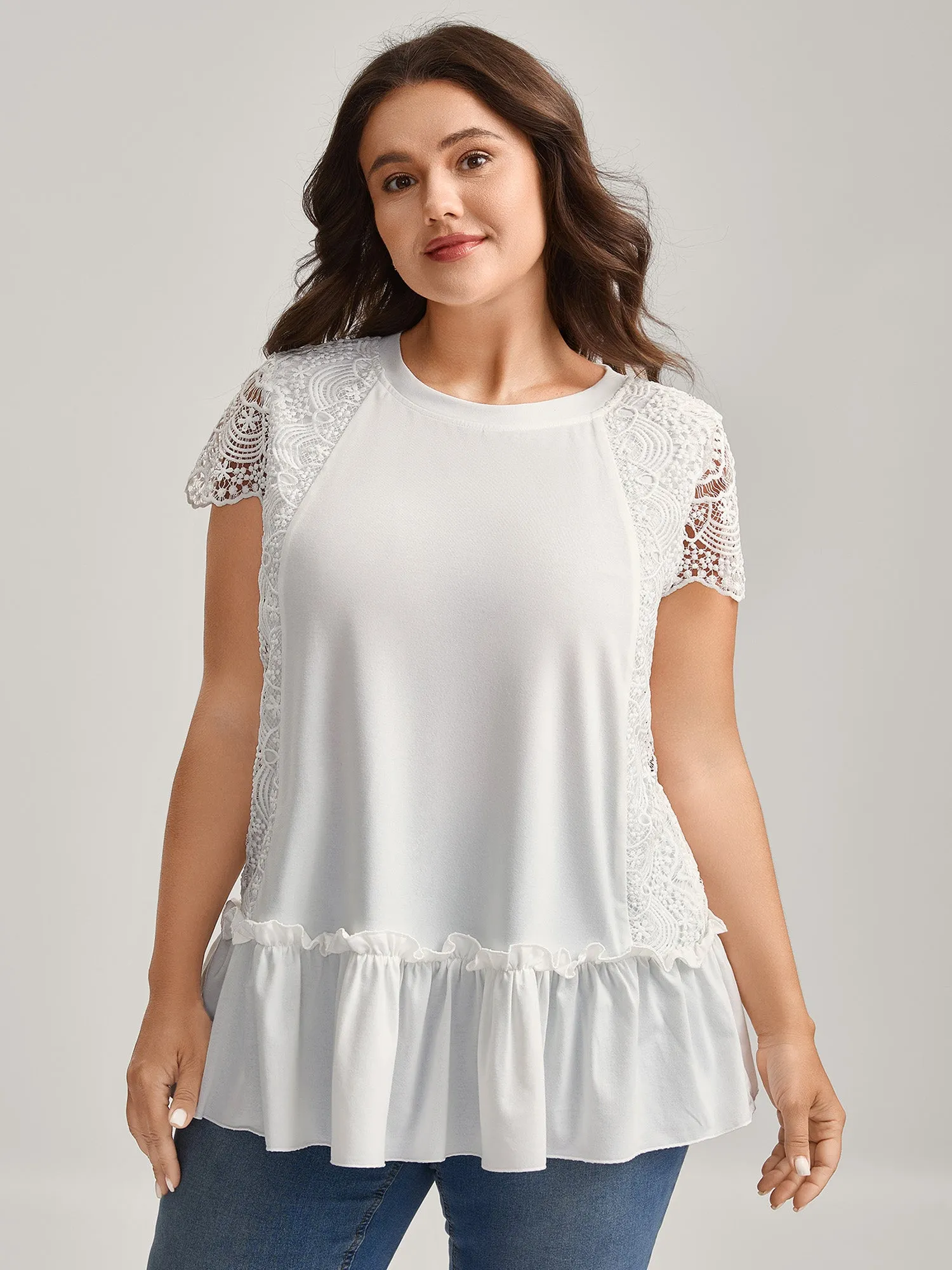 Lace Cut-Out Tiered Plain Top sold by Bloomchic
