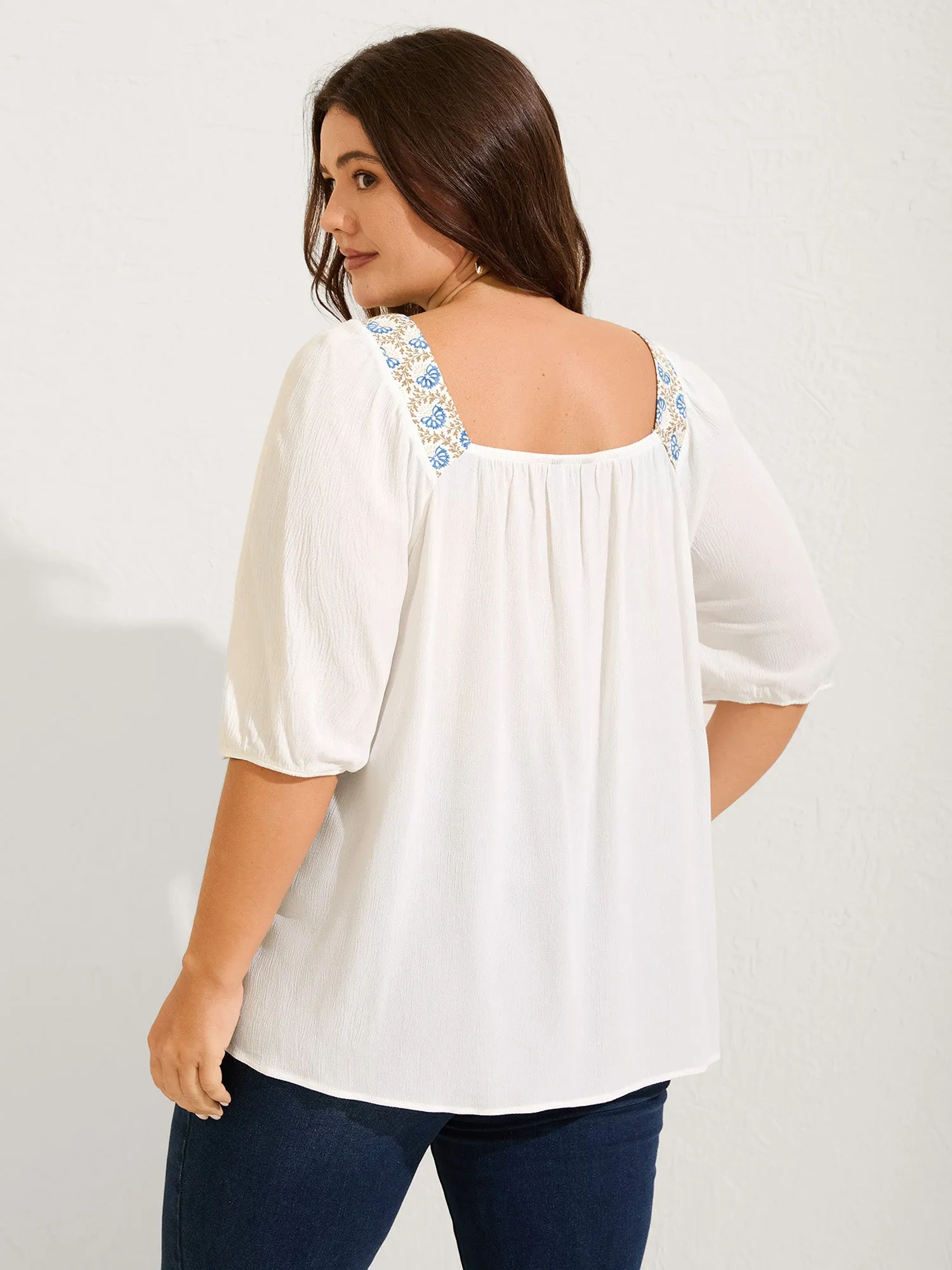 Boho Spliced Neck Pleated Plain Blouse sold by Bloomchic product image thumbnail 4