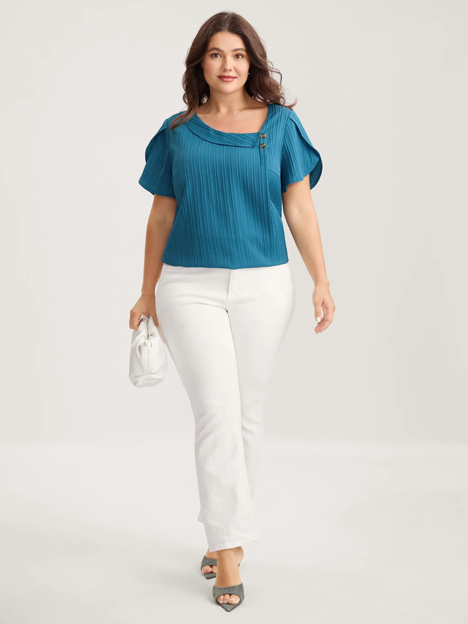 Textured Petal Sleeve Asymmetrical Neck Blouse sold by Bloomchic product image thumbnail 3